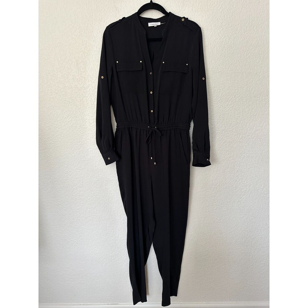 Calvin Klein Women’s 6 Black Gold Buttons Elastic Waist Jumpsuit